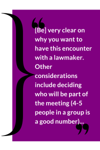 Quote about being clear on reasons for meeting a lawmaker and considerations for group size on a purple background.