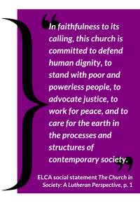 Quotation on a purple background about the church's commitments to human dignity, justice, peace, and environmental care.
