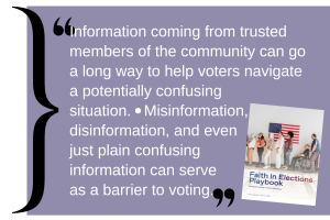 Quote about voting information alongside a booklet cover titled "Faith in Elections Playbook."