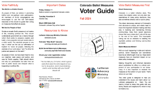 Tri-fold pamphlet titled "Colorado Ballot Measures Voter Guide" for Fall 2024 with information on voting faithfully, important dates, resources, and the importance of ballot measures.