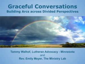 A rainbow over a landscape with text about "Graceful Conversations."