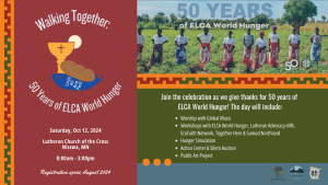 Poster for "Walking Together: 50 Years of ELCA World Hunger" event on Oct 12, 2024, in Nisswa, MN. Features event details, activities, and a group photo.