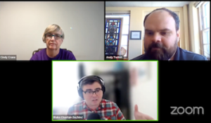 Screenshot of a video conference with three participants labeled Cindy Crane, Andy Twiton, and Blake Chastain (he/him).