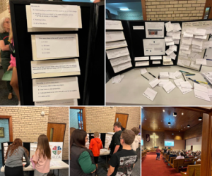 Collage of four images featuring display boards with papers, a church interior, and people interacting with the boards.