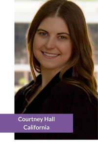 Portrait of a smiling person with brown hair and a purple text banner.