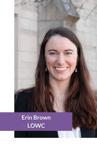 Portrait of a person smiling in front of a stone wall with a purple name tag overlay.