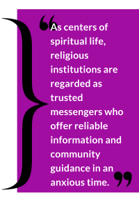 Purple rectangle with a white quote about religious institutions as trusted messengers.