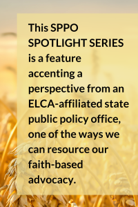 Text over wheat field background about a spotlight series from an ELCA-affiliated public policy office.
