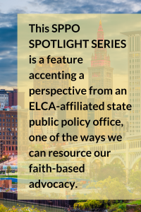 Cityscape with overlaid text about a spotlight series from an ELCA-affiliated public policy office.