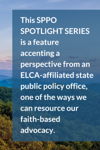 Text overlay on a scenic background of green hills and blue sky.