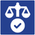 Icon with a white balanced scale and checkmark on a blue background.