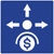 Blue icon with a central circle, three arrows, and a dollar symbol.