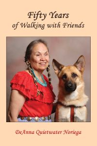 A picture of DeAnna Quietwater Noriega and her guide dog from her book "Fifty Years of Walking With Friends"