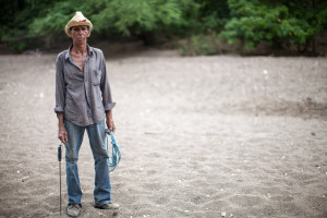 Bernardo Anastasio Hernández, a cattle farmer, stands on the dry river bed of the Río Grande at San Francisco Libre. Drought is affecting large areas of Central America. Across Nicaragua hundreds of cattle are dying, wells are drying up and the harvests have failed.