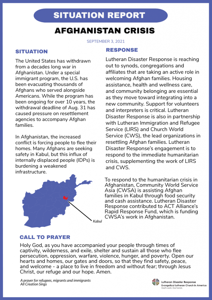 Situation Report Afghanistan Humanitarian Crisis Lutheran Disaster