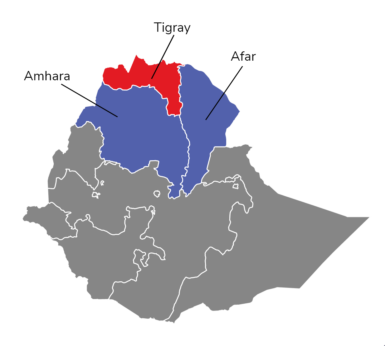 A map of Ethiopia labelling the regions of Amhara, Tigray and Afar