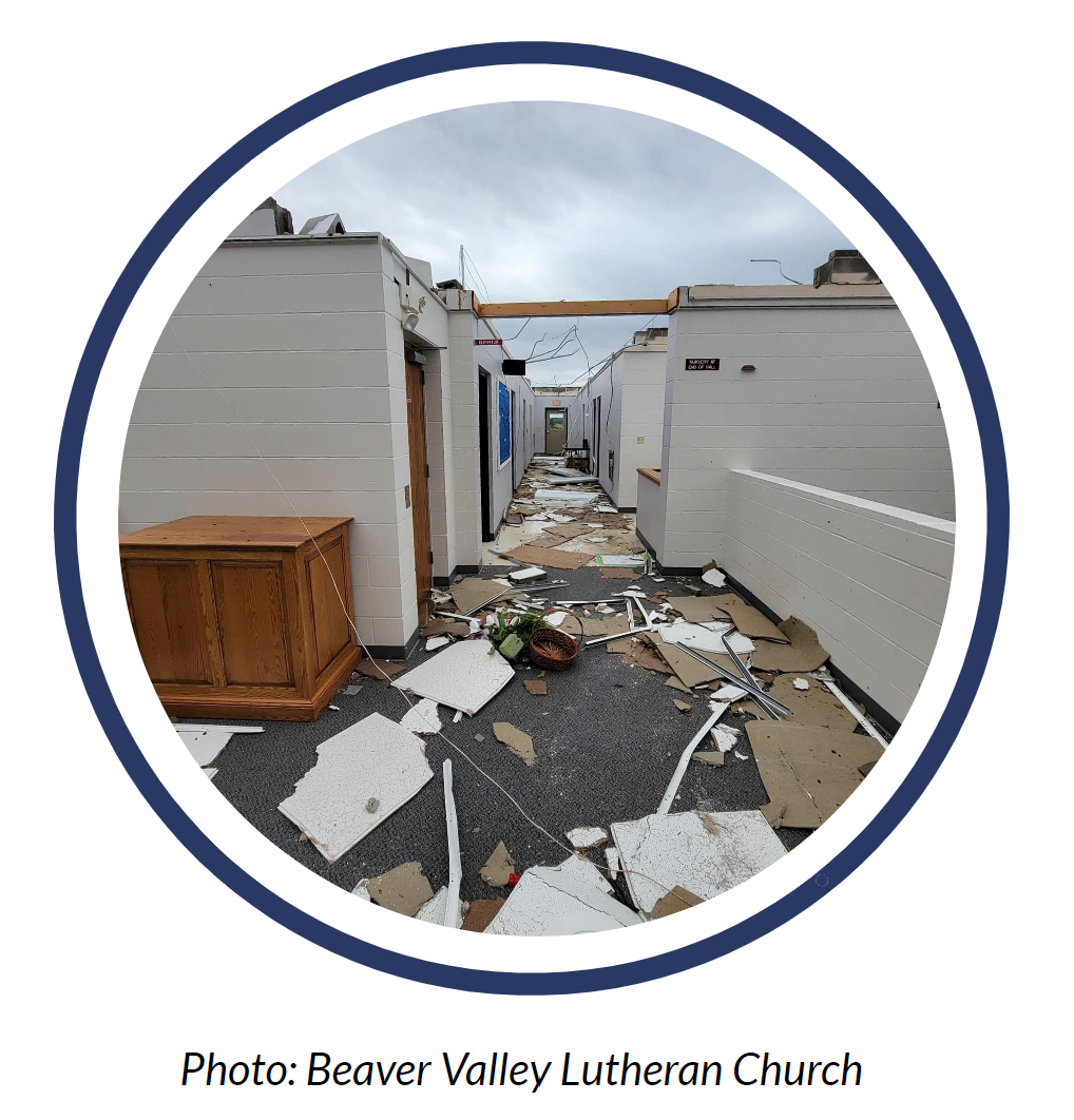 A hallway destroyed by a tornado. Caption: Beaver Valley Lutheran Church