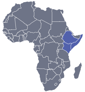 A map of Africa with Ethiopia, Kenya and Somalia highlighted.