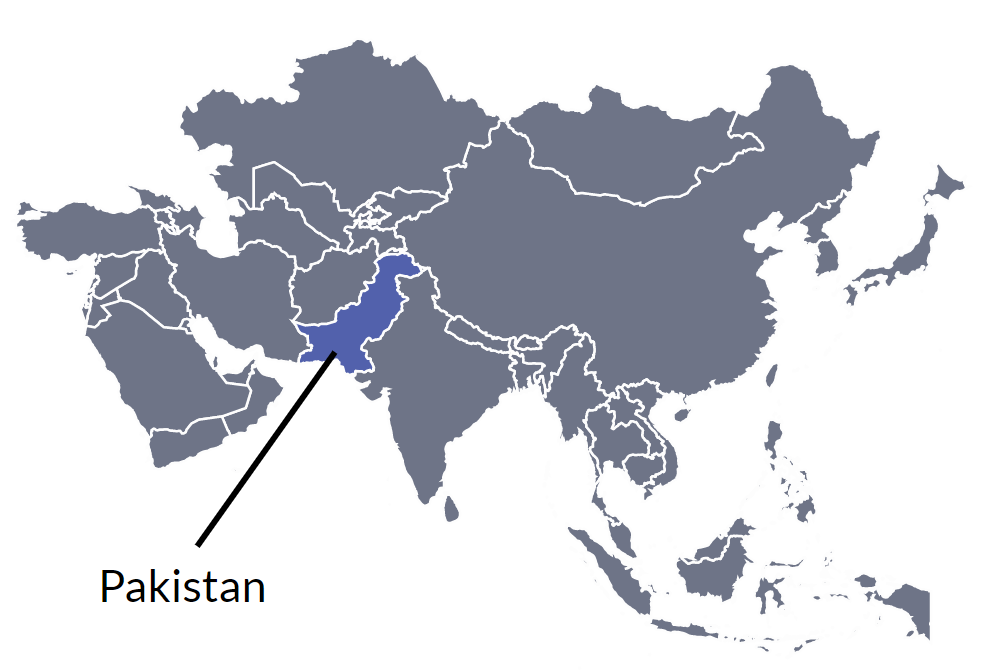 A map of Asia with Pakistan highlighted in blue.