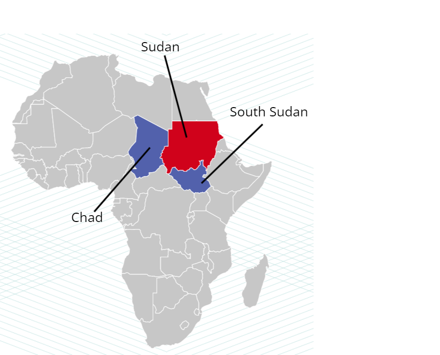 A map of Africa with Sudan highlighted in red and Chad and South Sudan highlighted in blue.