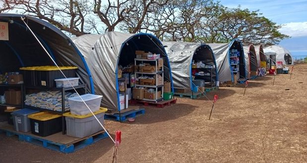 A row of domed tents with box of supplies inside.