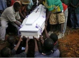 After service, the men again move the coffin. There is no mechanism other than human cooperation to lower the coffin into the earth.