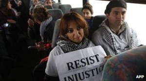 Palestinian "freedom riders" are arrested when they board a bus reserved only for Israelis.  Photo from BBC website