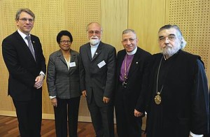 From left: Rev. Dr Olav Fykse Tveit, WCC general secretary; Rev. Dr Margaretha Hendriks-Ririmasse, vice-moderator of the WCC Central Committee; Rev. Dr Walter Altmann, moderator of the WCC Central Committee; Bishop Dr Munib A. Younan; and Metropolitan Prof. Dr Gennadios of Sassima; vice-moderator of the WCC Central Committee, after the WCC Executive Committee vote.
