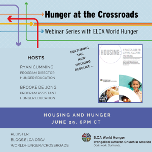 graphic with title of upcoming webinar on Housing and Hunger scheduled for June 29 at 6pm central time