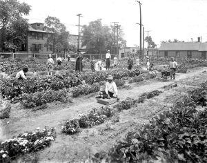 family tends garden in Detroit 1890s