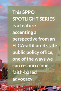 Text overlay on an image of a church steeple at sunrise or sunset.