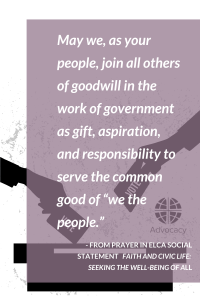 Purple-toned graphic with text from prayer about civic engagement and a "Vote" slip being dropped into a box from hands.