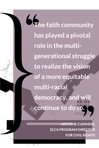 Quote about the faith community's role in democracy against a purple background with voting imagery.