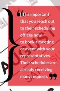 Close-up of a calendar page with a red overlay and text about scheduling. Transcribed Text: "[It] is important that you reach out to their scheduling offices now to book a meeting or event with your representatives. Their schedules are already receiving many requests"