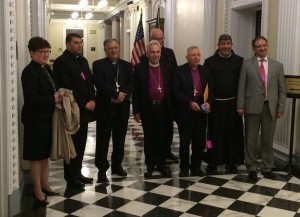 Meeting at the Executive Office Building included (Left to right) Presiding Bishop Elizabeth Eaton, Evangelical Lutheran Church in America; Fr. George Ayoub, Secretary to the Latin Patriarchate of Jerusalem and to Patriarch Fouad Twal; Latin Patriarch Fouad Twal; Anglican Archbishop Suheil Dawani; Canon Trond Bakkevig (coordinator of CRIHL and pastor in Church of Norway); Bishop Munib Younan, Evangelical Lutheran Church in Jordan and the Holy Land; Father Ibrahim Faltas, Representative of the Custos of the Holy Land; and Issa Kassissieh, Palestinian Authority Ambassador to the Holy See.